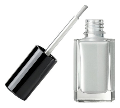 Glossy silver nail polish bottle with an applicator brush, isolated on transparent for beauty advertising