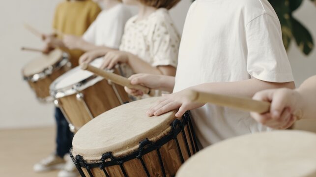 Children playing drums in a music class for creative learning and expression