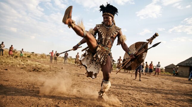 Zulu Warrior Performing Traditional Dance with Spear and Shield in African Village