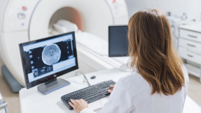 Doctor examining brain scan on computer in modern medical facility