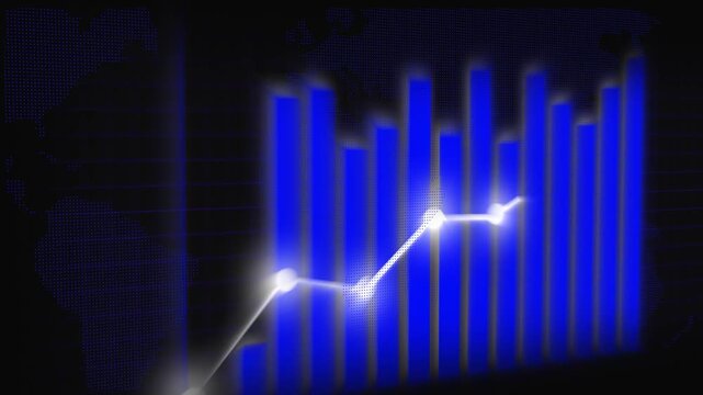 Economic growth chart animation displays rising market columns on dark. World map telemetry routes on economic growth chart. Business investments drive chart.