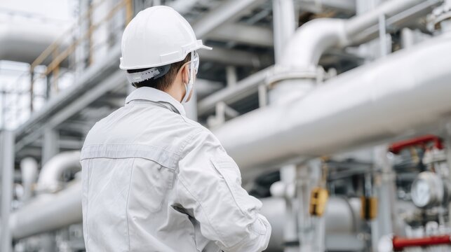 Engineer in hard hat inspecting industrial piping at modern oil refinery plant