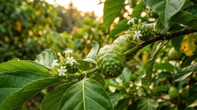 Fresh noni fruit and small white flowers growing on a tree branch in a tropical garden with sunlight