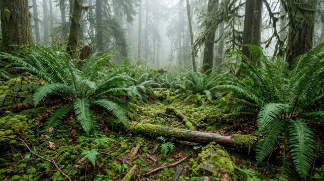 Lush green ferns and moss covered trees thrive in a misty temperate rainforest on an overcast day