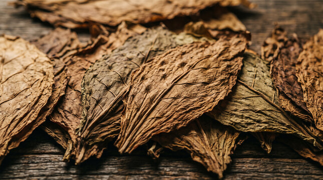 cured tobacco leaves on rustic wooden surface background