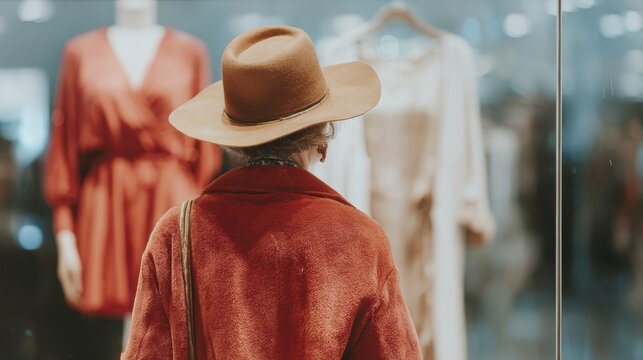 Stylish woman in fashionable hat and red coat shopping for trendy clothing