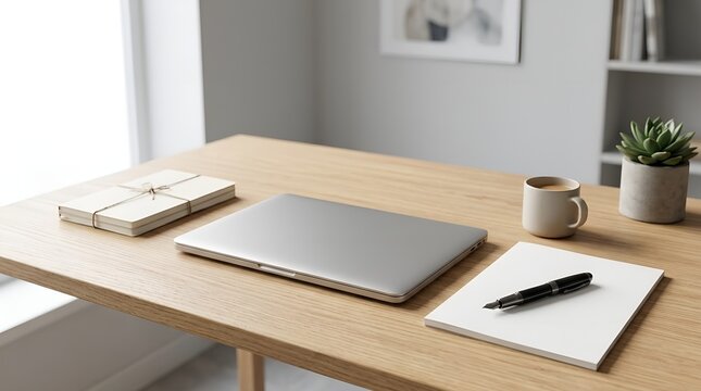 Minimalist workspace with laptop and notebook