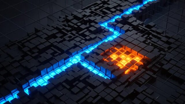 Abstract 3D cubes grid with glowing blue lines and orange core