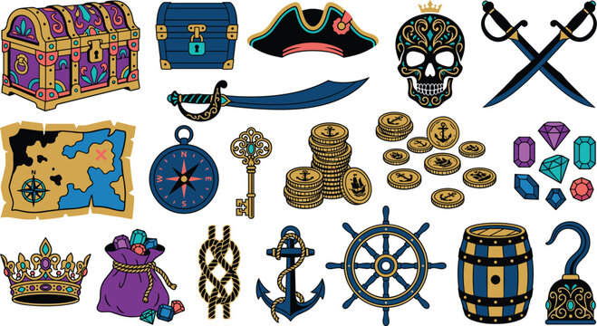 Ornamental maritime treasure artifacts including decorated calavera skull crown ornate chest cutlass doubloons anchor compass map