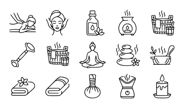 Luxury Wellness and Spa Treatments Thin Line Vector Icon Set