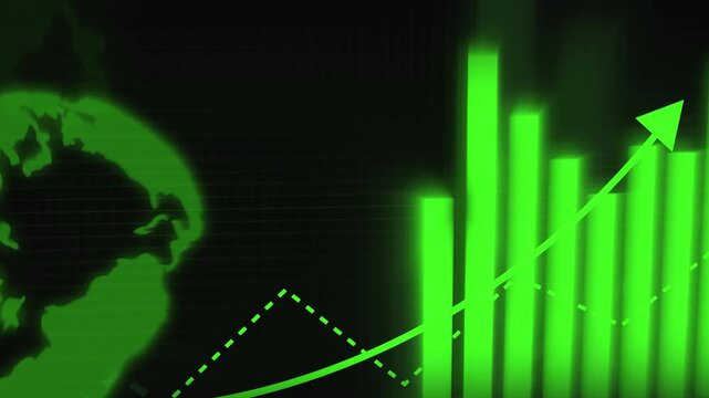 Bar chart animation illustrates business growth against a world map on dark. Market analytics update on this active bar chart. Economic investment drives chart.