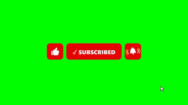 Animated mouse cursor clicking a red channel subscribe button and bell icon on green screen background
