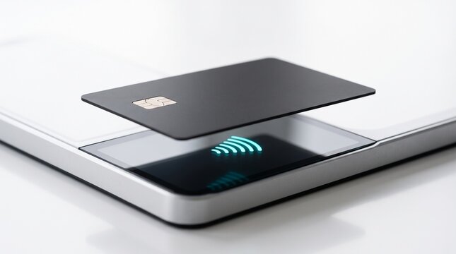 Minimalist contactless payment concept with black credit card and glowing terminal