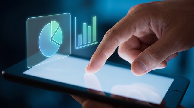 Hand swiping digital tablet screen with holographic business data