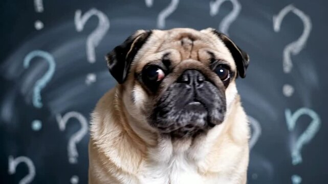 Confused pug dog looking around with question marks on chalkboard background, concept for problem solving