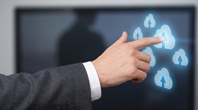 Business person touching digital cloud upload icons on a screen