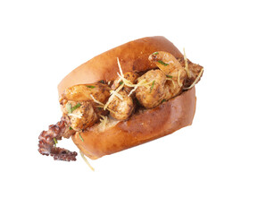 Shrimp and octopus seafood sandwich, top view, on a transparent background. © mario