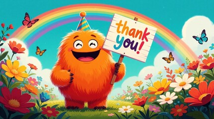 Fototapeta premium Cute orange fluffy monster wears party hat, holds thank sign. Happy creature stands in vibrant garden with colorful flowers, butterflies, bright rainbow. Fun character celebrates with joy in magical