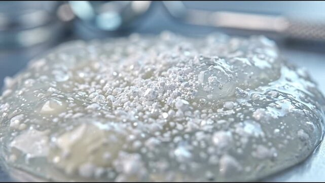 Titanium oxide powder, Dental technology background composed of pristine white mineral particles embedded in translucent gel, cool pearl illumination,