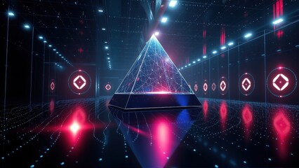 Fototapeta premium Futuristic scene. Glowing pyramid dominates dark space. Lines, dots create digital tunnel effect. Vibrant blue, pink hues present.