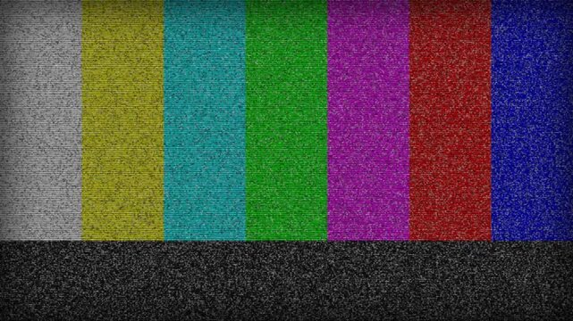 Analog television test pattern with colorful bars and digital static