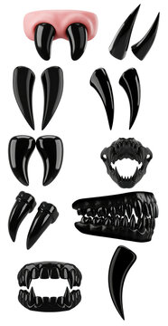 Glossy black matte vampire inspired 3D dental and fang set with incisors canines molars and full isolated on transparent background