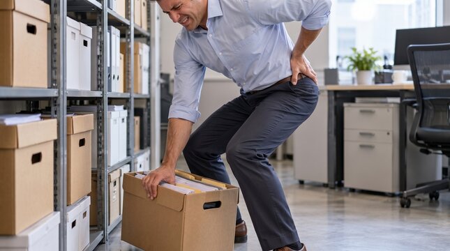 Office worker suffering back strain while lifting archive box