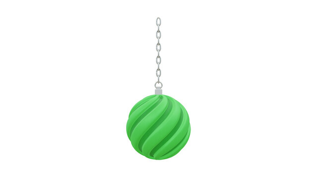 Single green swirled glob hanging from a silver chain on transparent background