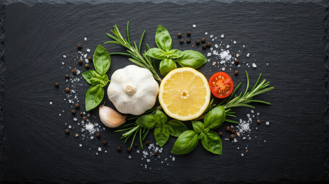 A vibrant assortment of fresh herbs garlic and lemon arranged artistically on a dark textured slate background