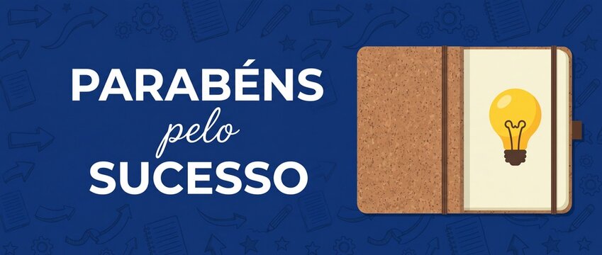 Portuguese success congratulations banner lightbulb idea open cork notebook text parabens pelo sucesso dark blue background doodle pattern arrows gears educational business achievement motivation conc