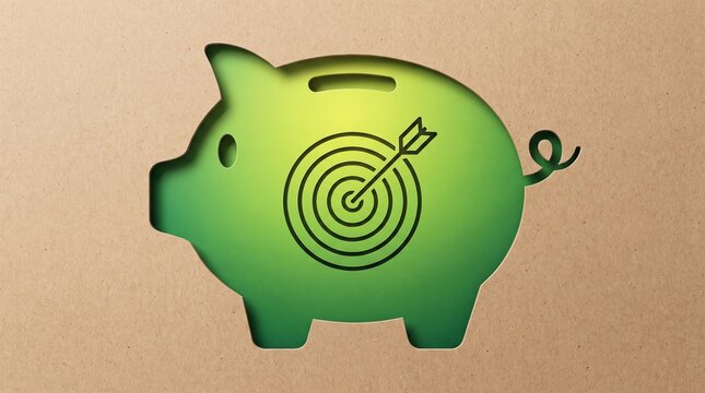 Piggy bank shape cut out of cardboard with a target symbol inside on a green gradient background with finance