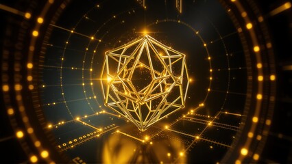 Fototapeta premium Golden geometric shape inside tunnel. Digital lines create futuristic, glowing effect. Dark background emphasizes bright central form.