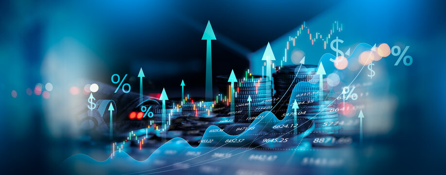 Coin and Finance graph and business growth,profit chart, World economic growth trend and positive market progress,Interest and inflation,Money investment creates wealth and Financial risk management