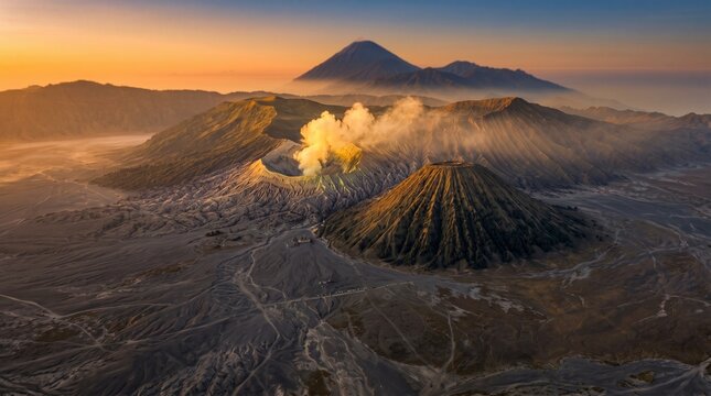 Aerial Drone View of Mount Bromo Volcano Crater and Sea of Sand at Dramatic Sunrise in East Java