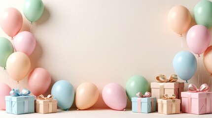 Obraz premium Colorful pastel balloons, wrapped gift boxes on light beige background. Festive party decorations with pink, blue, green, peach colors. Minimalist celebration concept for birthday, wedding holiday