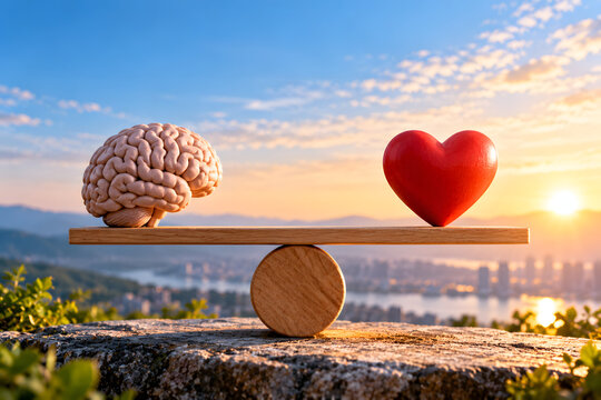 A brain and heart rest on opposite sides of a wooden balance, representing the tension between rational thinking and emotional judgment.