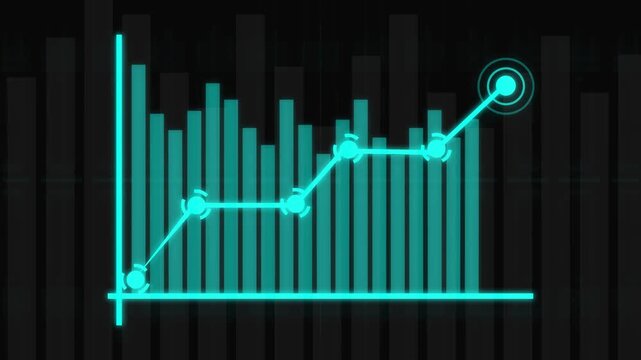 Line graph animation overlays fading financial performance columns on dark. Corporate business analytics update on line graph. Profitable market trading drives graph.