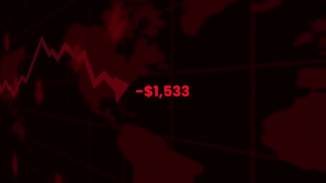 Global stock market decline with a red downward zigzag line, world map silhouette and negative numerical count on a dark financial grid, representing falling markets and economic losses