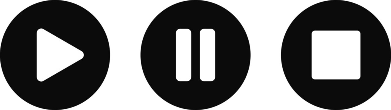 Black and white play pause and stop media player button icons set.