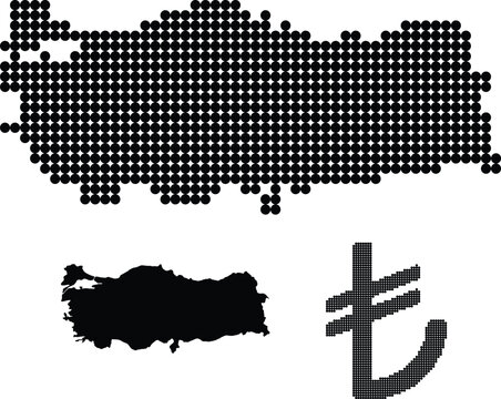 T&uuml;rkiye Dotted Matrix Map Vector Set with Country Silhouette and Turkish Lira Currency Symbol for Regional Data Visuals