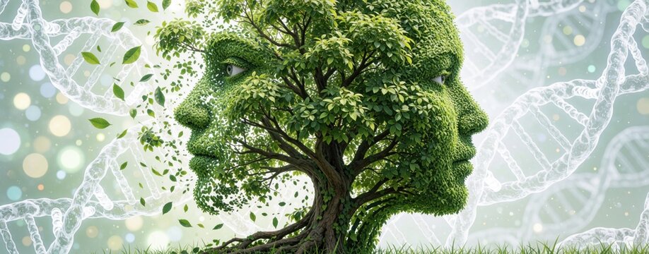 Surreal art shows green tree forming human faces with DNA strands in background. Concept of nature, humanity connection through genetic evolution. Organic leaves, foliage create profile of person to