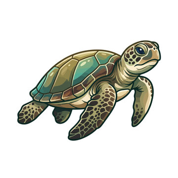 A stylized sea turtle swims gracefully with intricate shell patterns in a vibrant color palette.