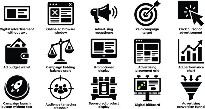 Set of digital marketing and advertising icons illustrating campaign performance and strategy