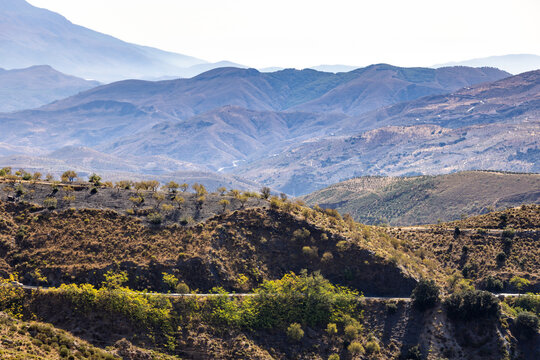 Desert and mountainous landscape of Las Alpujarras in Granada, Andalusia, Spain