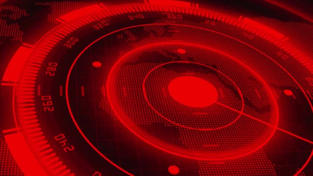 Radar screen animation displays a dotted world map with scan beams. Navigation grid data coordinates guide radar screen. Surveillance systems operate on the screen.