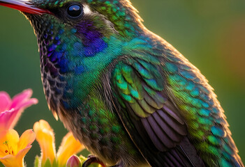 Fototapeta premium Biodiversity and nature conservation, hummingbird with iridescent feathers feeding on colorful flowers in a garden during a sunny spring day