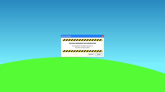 Animated error window on green hill landscape background