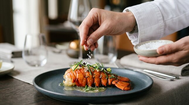 Chef seasoning gourmet lobster tail dish with fresh herbs and sea salt.