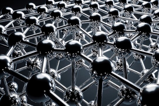 3D render of metallic nanoparticles forming complex lattice structure. Shiny silver atoms connected by rods create molecular network. Scientific concept of nanotechnology, material science, advanced