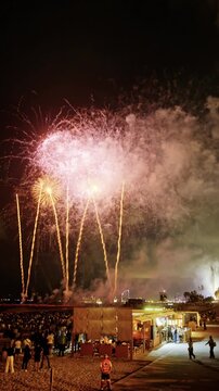Amazing fireworks display over the coast of barcelona